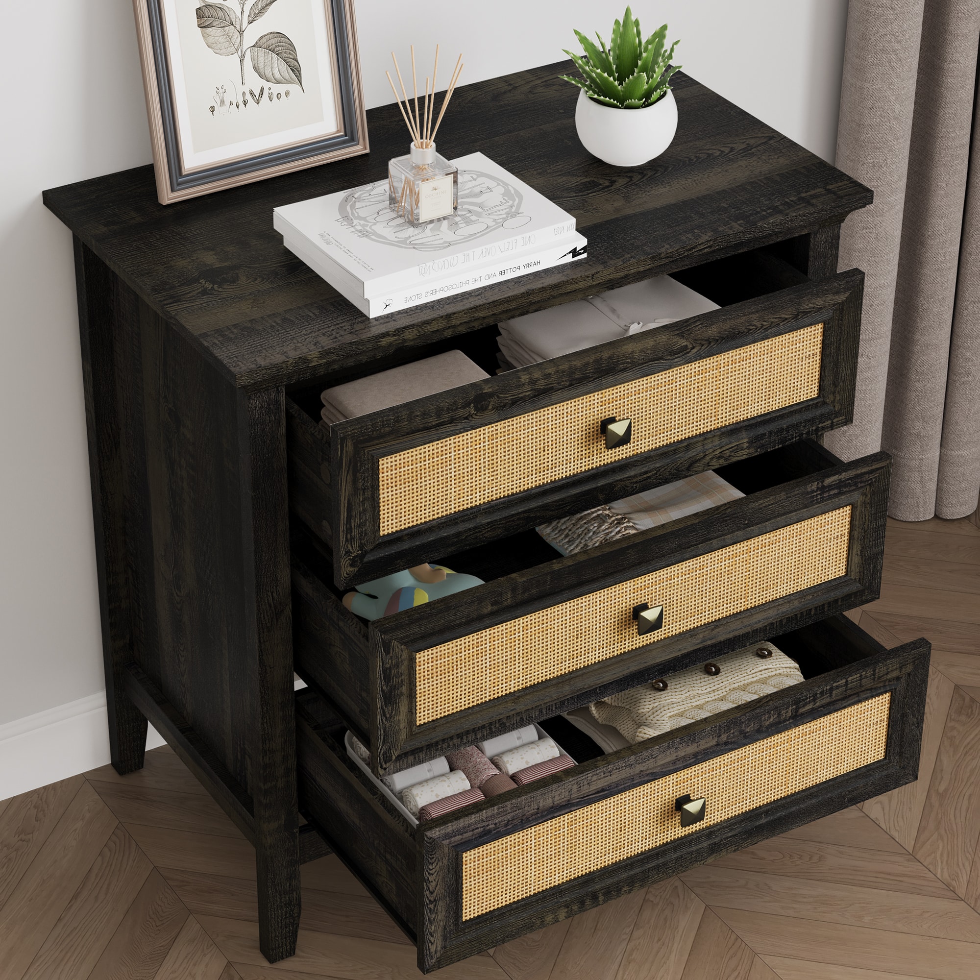 3 Drawer Dresser Rattan Dresser Wood Chest Of Drawers Farmhouse Closet Dressers Modern Bedside Table Rustic Nightstand Storage Cabinet For Bedroom, Hallway, Living Room, Dark Rustic Oak_maomaolike.com